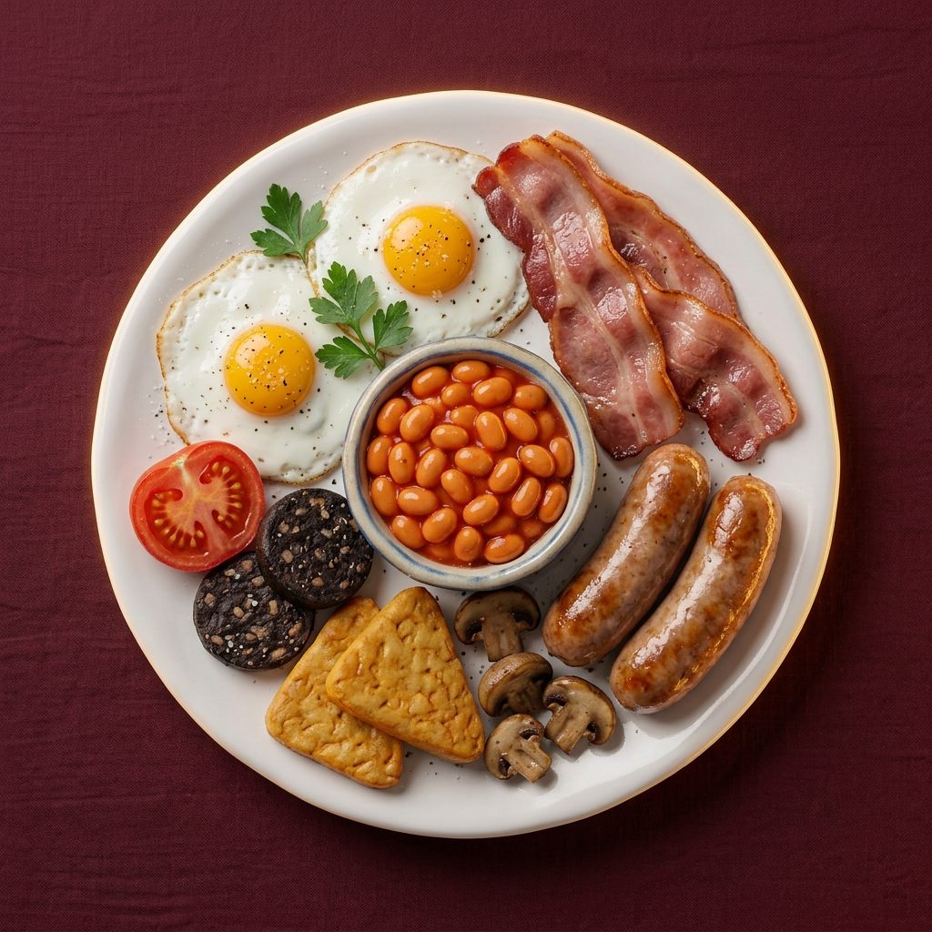 Full English breakfast with bacon, eggs, sausages, black pudding, mushrooms, hash browns and beans